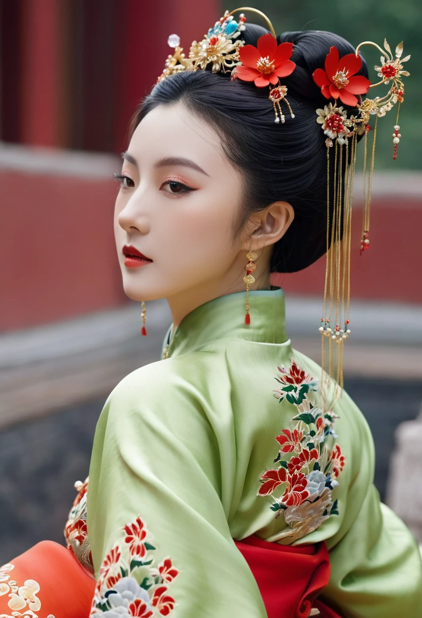 A close-up side view of the buttocks of a Chinese empress. In the background, she is lying down in a Chinese palace during the Qing dynasty, wearing red Hanfu and exposing only her large buttocks. She's wearing underwear, but her protruding butt is floating up.
Her hair is decorated with a large, flashy flower.
The back of the hair is tied up and up. Erotic Woman