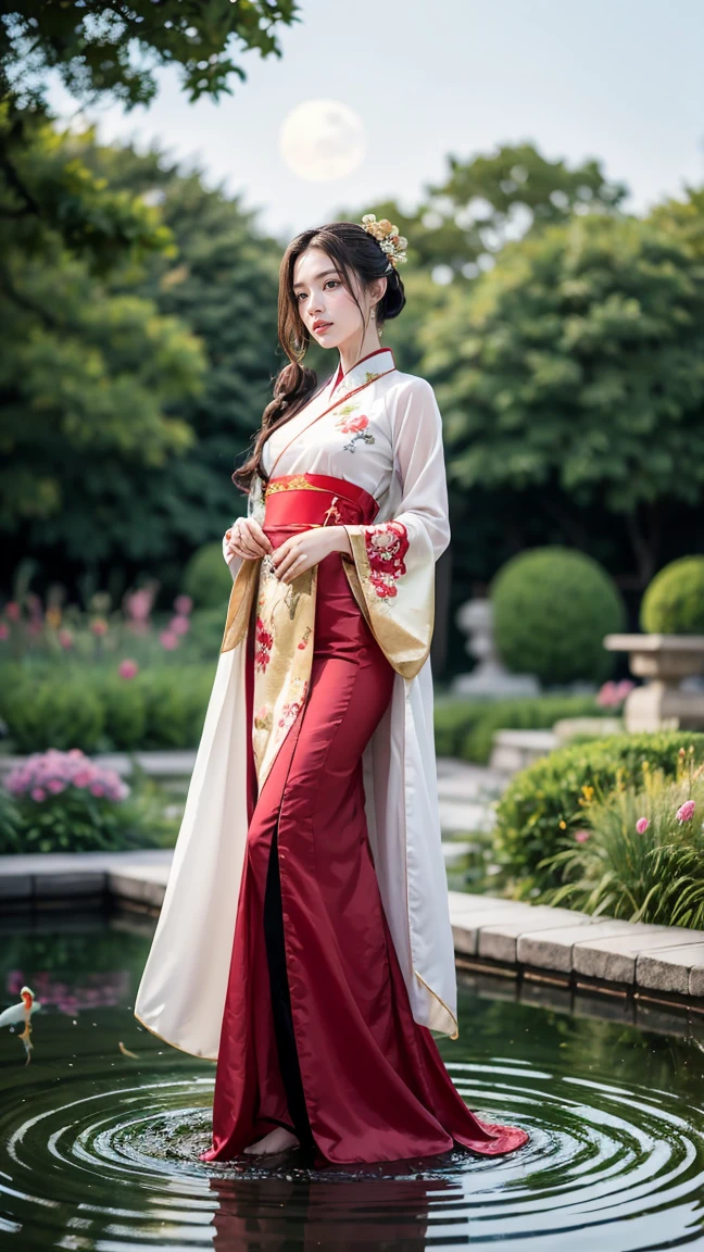 Diao Chan is dressed in an elegant Hanfu robe of deep red silk, embroidered with golden phoenix motifs,no having clothes,massive k-cups, Her long sleeves flow gracefully as she moves,She stands in a lush, tranquil garden filled with blooming peonies and a small koi pond reflecting the moonlight, adding an ethereal glow to the scene.