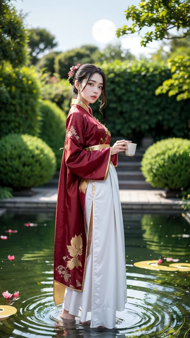 Diao Chan is dressed in an elegant Hanfu robe of deep red silk, embroidered with golden phoenix motifs,no having clothes,massive k-cups, Her long sleeves flow gracefully as she moves,She stands in a lush, tranquil garden filled with blooming peonies and a small koi pond reflecting the moonlight, adding an ethereal glow to the scene.

