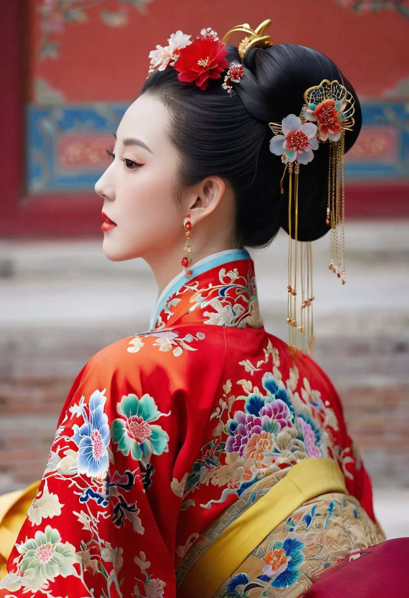 A close-up side view of the buttocks of a Chinese empress. In the background, she is lying down in a Chinese palace during the Qing dynasty, wearing red Hanfu and exposing only her large buttocks. She's wearing underwear, but her protruding butt is floating up.
Her hair is decorated with a large, flashy flower.
The back of the hair is tied up and up. Erotic Woman
