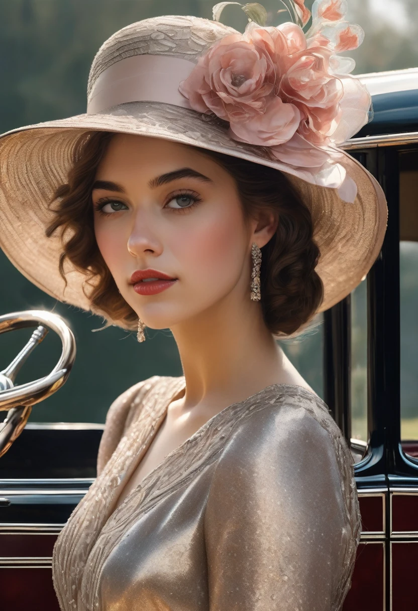 gorgeous, beautiful 19 year old girl in a beautiful dress and hat, near a shiny car from the 1920s, oil painting art, 4K, 3D rendering, evolution, intricate details, masterpiece, hyperrealism