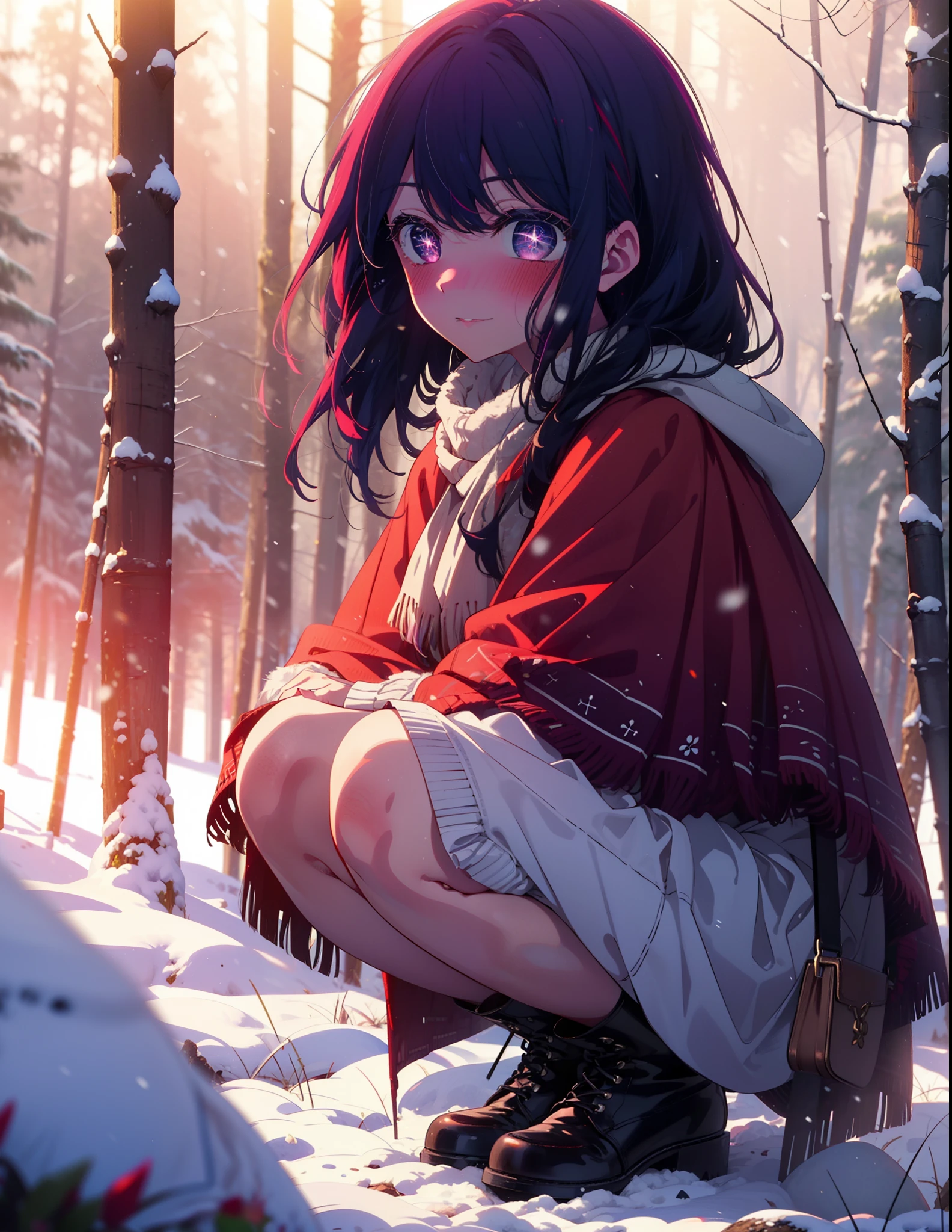 aihoshino, Ai Hoshino, Long Hair, bangs, (Purple eyes:1.1), Purple Hair, (Symbol-shaped pupil:1.5), smile,,smile,blush,white breath,
Open your mouth,snow,Ground bonfire, Outdoor, boots, snowing, From the side, wood, suitcase, Cape, Blurred, , forest, White handbag, nature, Squat, Mouth closed, Cape, winter, Written boundary depth, Black shoes, red Cape break looking at viewer, Upper Body, whole body, break Outdoor, forest, nature, break (masterpiece:1.2), Highest quality, High resolution, unity 8k wallpaper, (shape:0.8), (Beautiful and beautiful eyes:1.6), Highly detailed face, Perfect lighting, Extremely detailed CG, (Perfect hands, Perfect Anatomy),