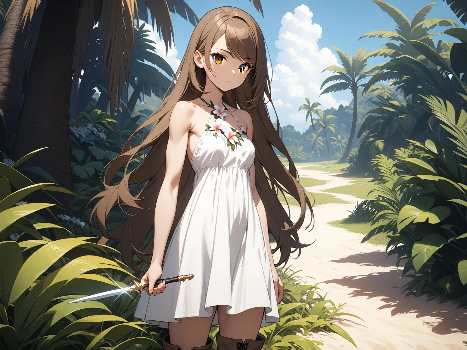 Close up, 1girl, solo, toned female, small breasts, brown hair, swept bangs, very long hair, brown eyes, floral halter neck backless sundress, leather boots, closed mouth, outdoors, sand, tropical plants, grass, tree, looking at viewer, standing, holding dagger, day, medieval fantasy.