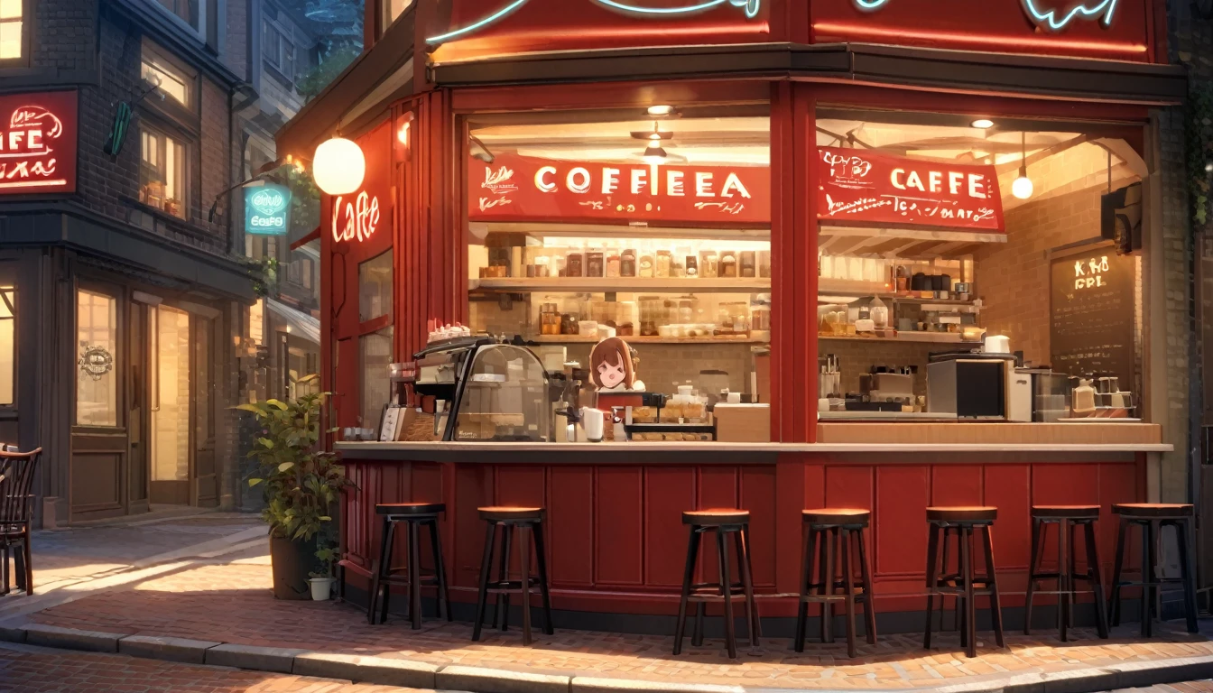 A small cafe is open, Light shines from the red brick exterior. There are neon signs advertising "coffee" Lights up with red and blue letters. internal, The cafe has three red chairs and、There is a counter with a girl sitting in front of it.。, Large windows overlook the street outside.. The atmosphere is inviting and cozy, 温かいcoffeeにぴったり.
