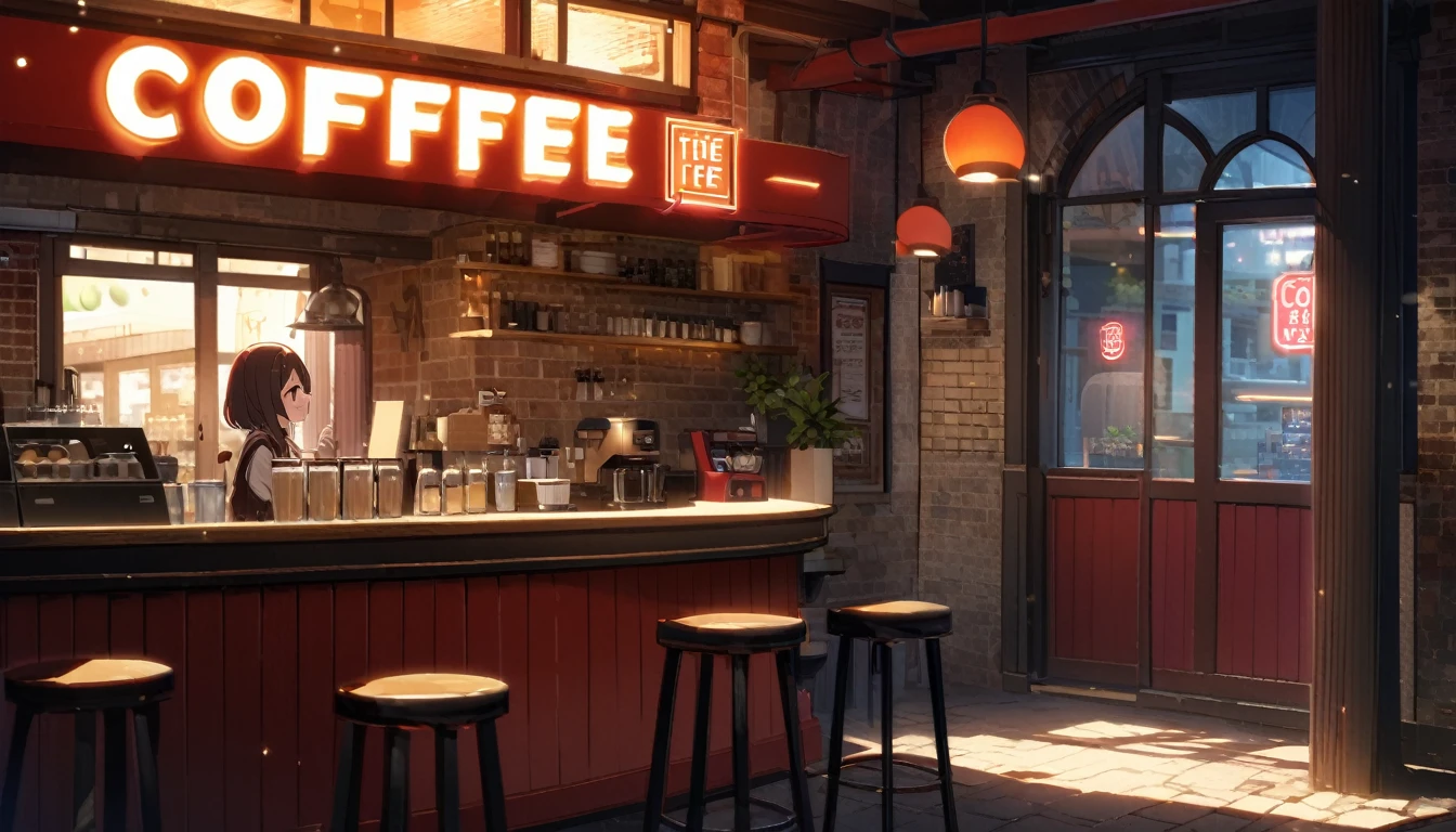 A small cafe is open, Light shines from the red brick exterior. There are neon signs advertising "coffee" Lights up with red and blue letters. internal, The cafe has three red chairs and、There is a counter with a girl sitting in front of it.。, Large windows overlook the street outside.. The atmosphere is inviting and cozy, 温かいcoffeeにぴったり.