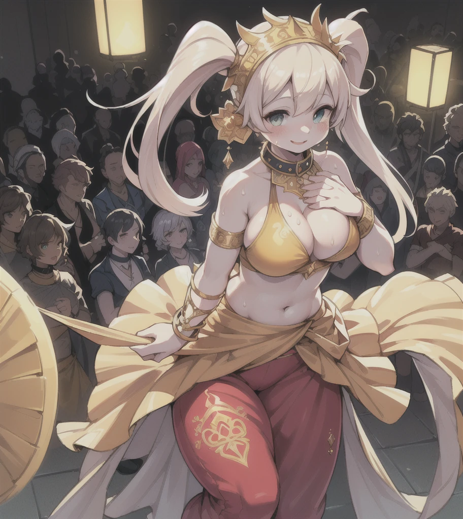 Highest quality, 8k, (One Girl:1.3, Full body portrait),(((Big Breasts:1.1))), (Colorful illustration:1.4), (masterpiece, Highest quality, Official Art), ((Very delicate and beautiful)), ((Gorgeous dancing girl costume、Gold embroidery, Face Veil, See-through harem pants)), ((Smiling dancing girl)), ((Spotlight, Confetti)), (((Fantasy World, Male crowd in the background:1.3, Watching the dancers))), (Sweat flying), (Sexy and dynamic dance), Tavern, (Shining jewels on the waist and chest, bracelet, Decorative collar), ((Twin tails))