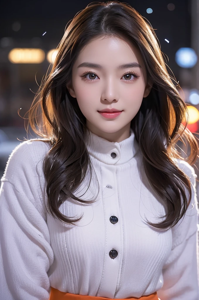8K Ultra Resolution、Beautiful woman、One Woman、Dark Brown Hair:1.1、Ultra detailed face、Detailed lips、important、(Eyes are in focus)、double eyelid、Princess Eyes、Beautiful Japanese Women、Beautiful Japanese Woman、Sensual lips、Bewitching body、Bust size 82、8th class、Stand in a stimulating pose facing forward with a natural body and good balance between left and right.、Girlfriend in her 20s、(20-year-old)、sense of distance、nice smile、 Wear black-red-orange-light purple-fashionable and trendy long sleeve clothes and skirts,,、important(Detailed hand counts and shapes)、Sharp images、Detailed eye sparkle、Snow falling in the background、Short Hair、Incredibly realistic and detailed snow、Snow piled up in the background、Ultra-realistic and detailed night view and Christmas,