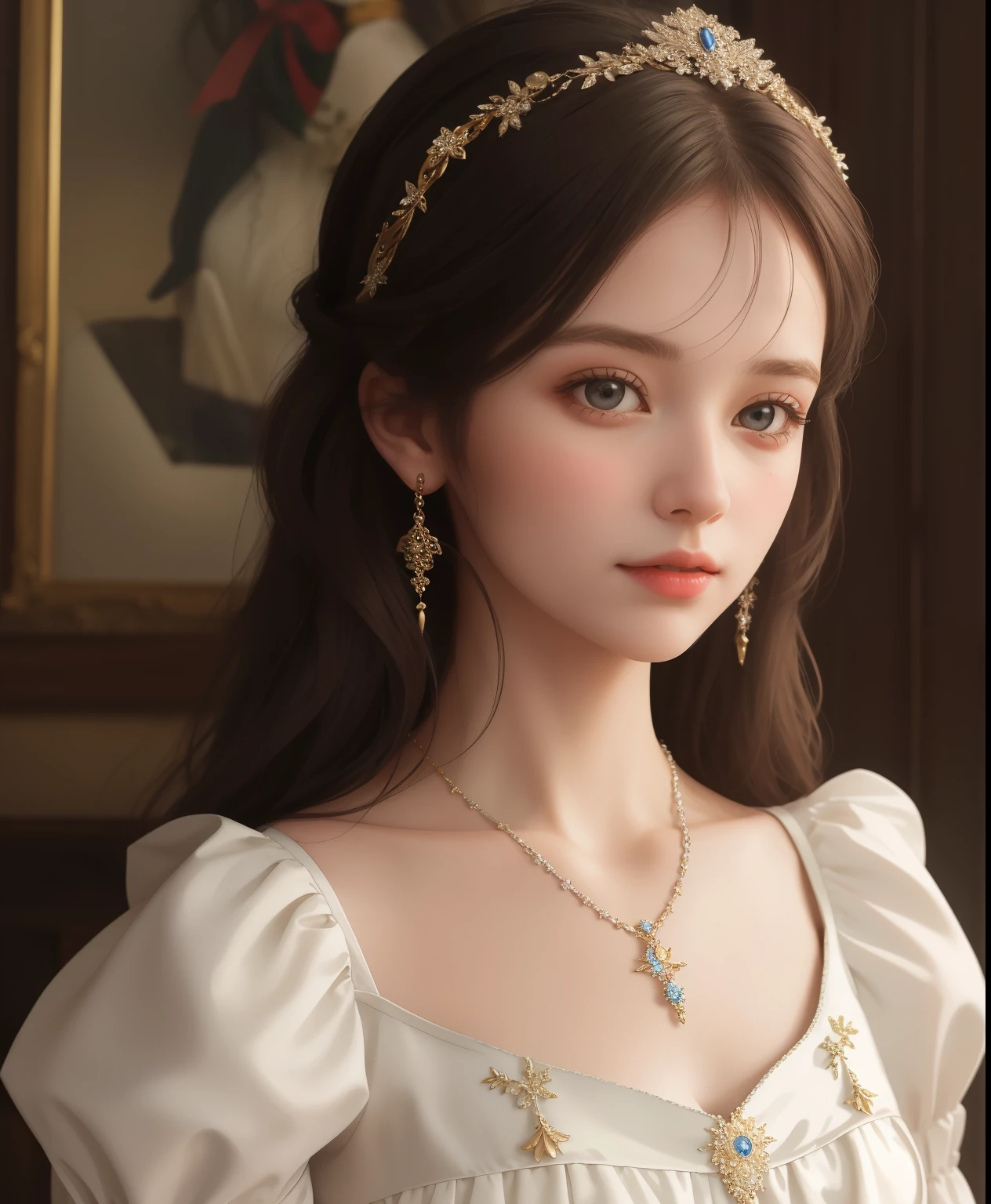 (Pure color: 0.9), (Color: 1.1), (Masterpiece: 1,2), Best quality, Masterpiece, high resolution, Original, highly detailed wallpaper, Beauty, Baroque period, dress, Sad, Small face、s girl、Real Human、Authentic