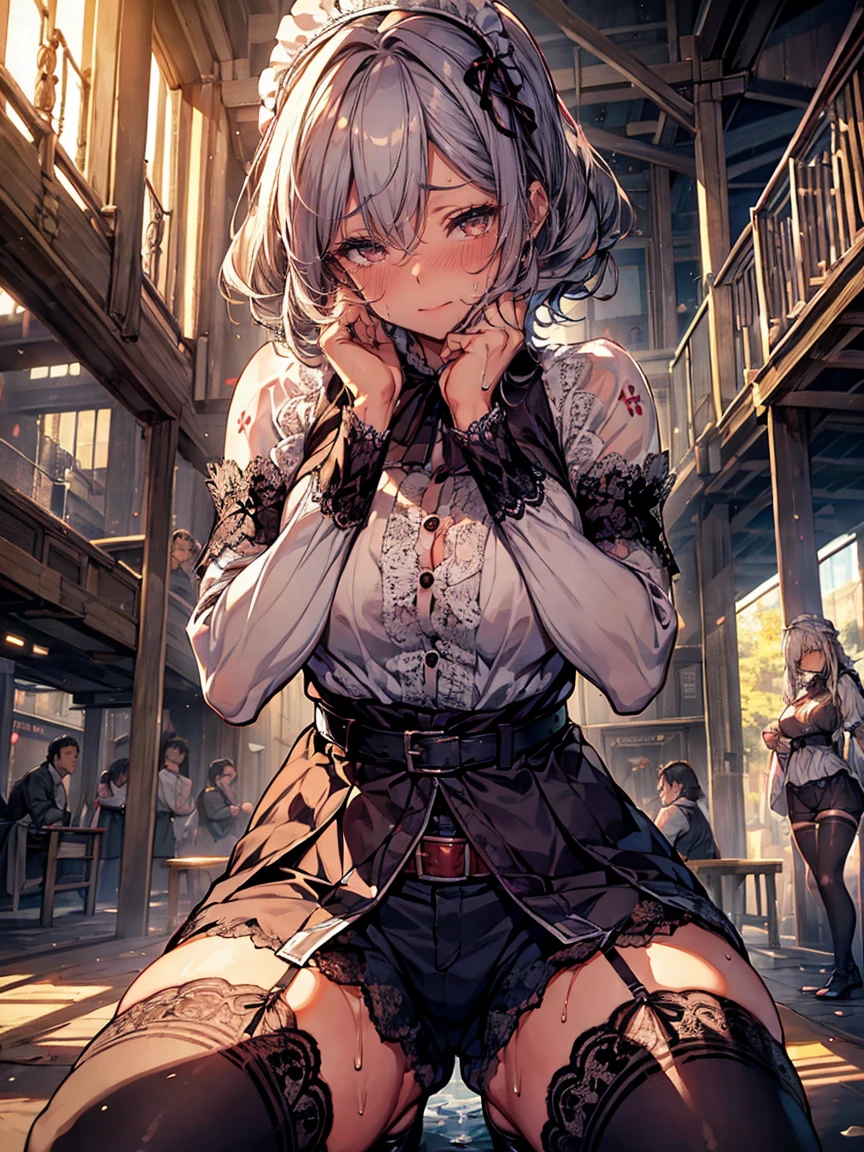 (woman),(((belt))),((erect)),(clean,sacred),(((intense orgasm))),(tears:1.2),(Sweat:1.3),((at the church:1.1)),(((No sleeve, Shorts))),(button-down,wearing lace shirt),(clothing),((Squint eyes:1.3)),(embarrassing,blush:1.3), masterpiece, Highest quality, Very detailed, Dynamic Angle, ((Perfect hands)),Great background, Meaningful Background, Absurd background, Artistic Overlays,panty,white haired woman,(maid),red eyes,(squat),Japanese anime,((stockings)),((leaning behind:1.2)),