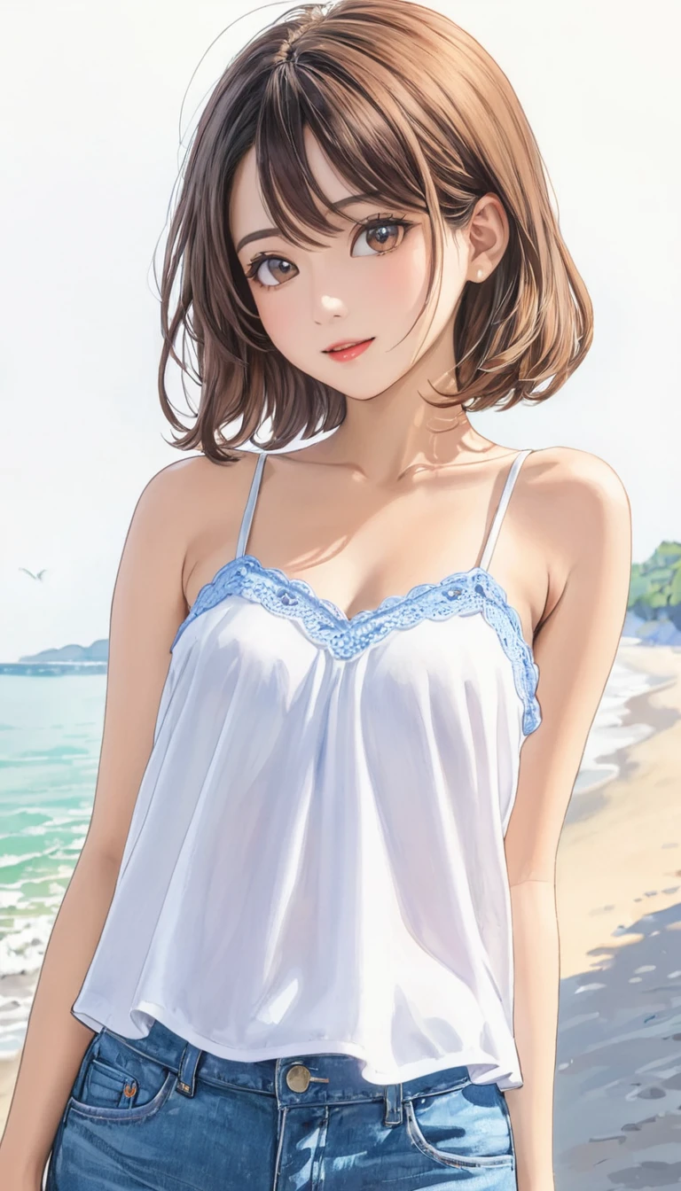 woman,Short camisole,white,art,advertisement,Colored pencil drawing,draft 、Summer Girl、Adult look