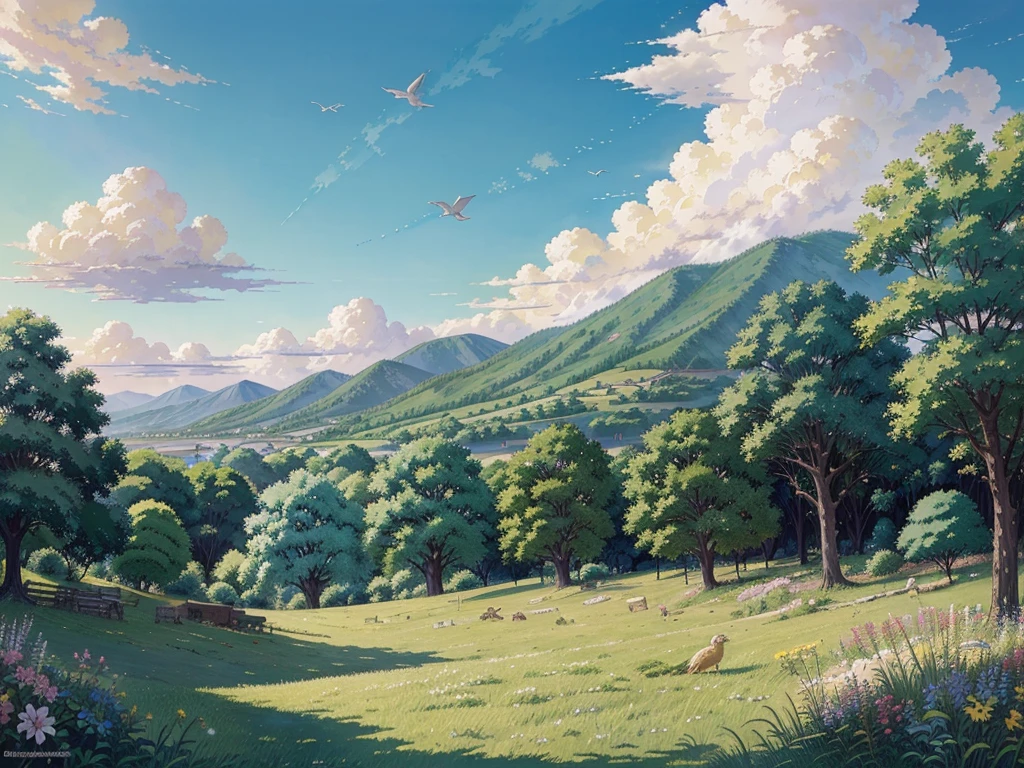 a painting of mountains with clouds and trees in the foreground and a brighest sun, made of trees and a fantasy valley, sky Gate, heaven, birds flying to the sky, brightest background, fresh green tree, anime nature, anime countryside landscape, anime landscape wallpaper, anime landscape, Studio Ghibli sunlight, beautiful puffy clouds. anime, beautiful anime scenery, anime beautiful peace scene, anime background art, anime clouds, Studio Ghibli sky, anime scenery, ross tran. scenic background Add the heavenly gate in the middle, yellow birds and animals flying to the sky, making the entire picture more realistic, greener trees, and a heavenly landscape.