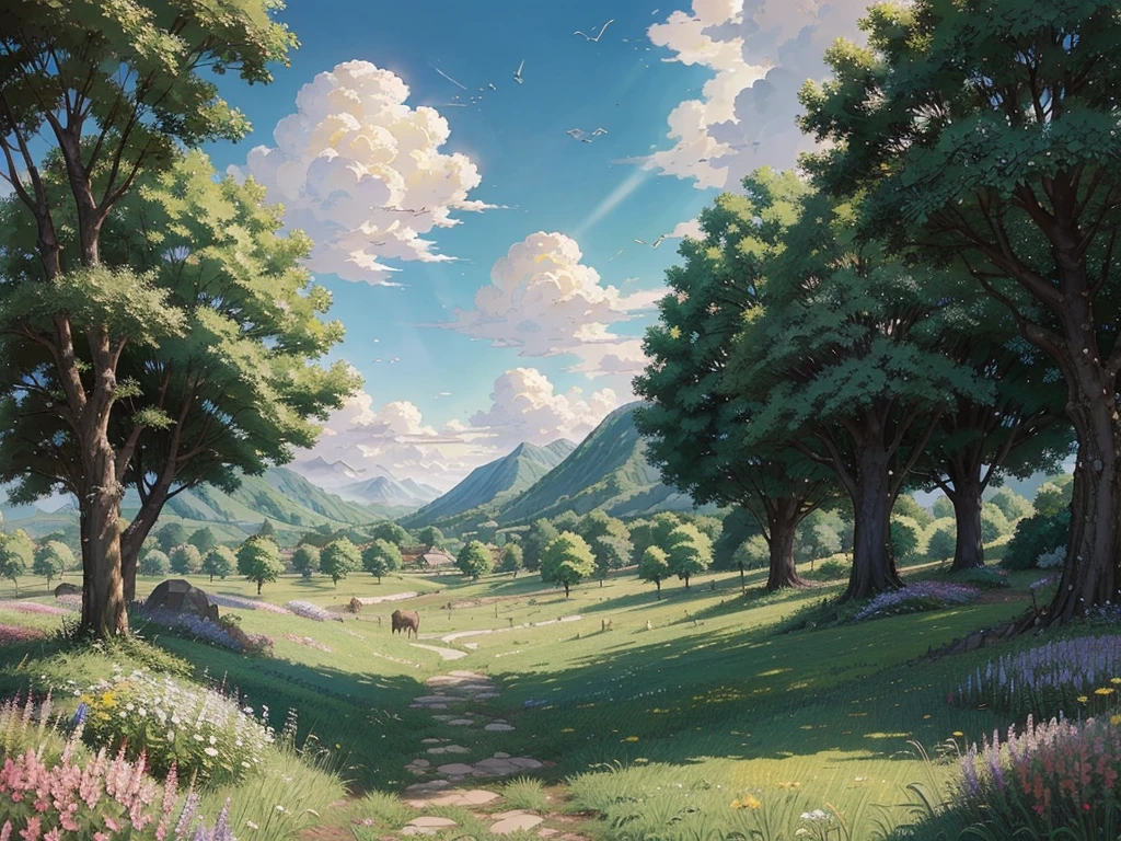 a painting of mountains with clouds and trees in the foreground and a brighest sun, made of trees and a fantasy valley, sky Gate, heaven, birds flying to the sky, brightest background, fresh green tree, anime nature, anime countryside landscape, anime landscape wallpaper, anime landscape, Studio Ghibli sunlight, beautiful puffy clouds. anime, beautiful anime scenery, anime beautiful peace scene, anime background art, anime clouds, Studio Ghibli sky, anime scenery, ross tran. scenic background Add the heavenly gate in the middle, yellow birds and animals flying to the sky, making the entire picture more realistic, greener trees, and a heavenly landscape.