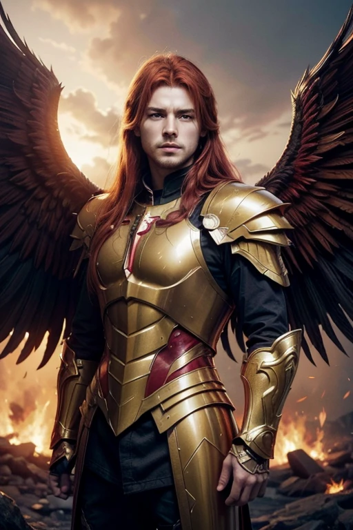 ((burning wings)) (archangel), man, strong, red-haired, long hair, wearing a golden armor and helmet with black details 8k, epic lighting, photorealistic, best quality