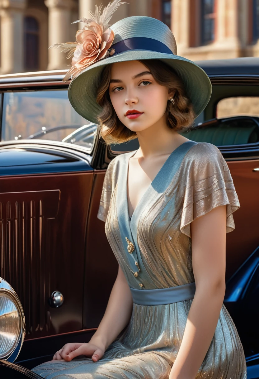 gorgeous, beautiful 19 year old girl in a beautiful dress and hat, near a shiny car from the 1920s, oil painting art, 4K, 3D rendering, evolution, intricate details, masterpiece, hyperrealism