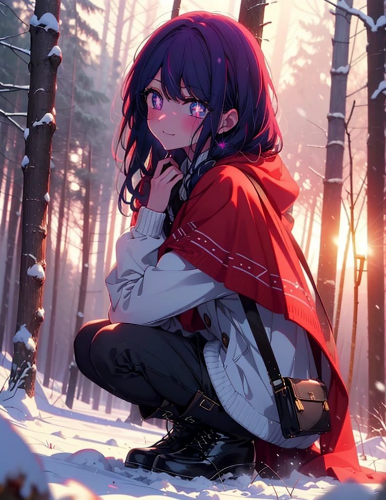 aihoshino, Ai Hoshino, Long Hair, bangs, (Purple eyes:1.1), Purple Hair, (Symbol-shaped pupil:1.5), smile,,smile,blush,white breath,
Open your mouth,snow,Ground bonfire, Outdoor, boots, snowing, From the side, wood, suitcase, Cape, Blurred, , forest, White handbag, nature, Squat, Mouth closed, Cape, winter, Written boundary depth, Black shoes, red Cape break looking at viewer, Upper Body, whole body, break Outdoor, forest, nature, break (masterpiece:1.2), Highest quality, High resolution, unity 8k wallpaper, (shape:0.8), (Beautiful and beautiful eyes:1.6), Highly detailed face, Perfect lighting, Extremely detailed CG, (Perfect hands, Perfect Anatomy),