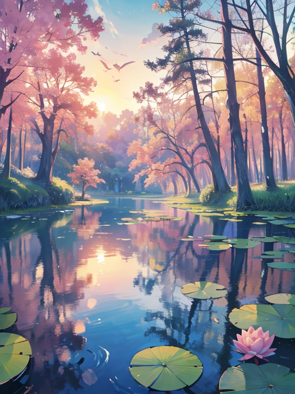 (absurdres, highres, ultra detailed) big pond, waterlilies, forest background, sunrise through the trees, dawn sky, pretty clouds, fairy tale vibe