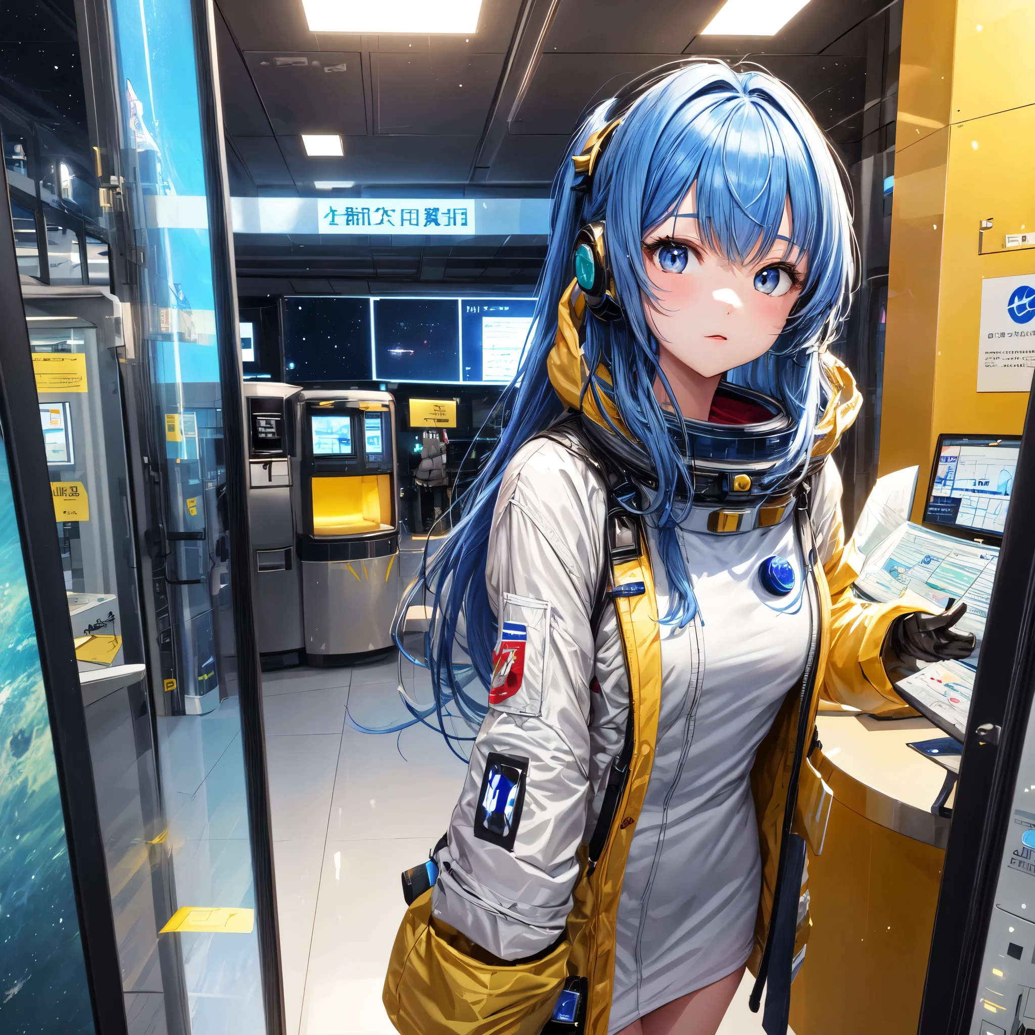 A girl around 13 years old、She is dressed in a slightly mature but active style. She has medium-long ash blue hair and beautiful jade-colored almond eyes. She is about 125cm tall.、In the lobby of the spaceport, a transit port to outer space, there is a check-in counter in the far right and a planet can be seen beyond the window on the left. I wonder if I'm going on a trip now. I'm standing there looking out the window, pulling a cart.