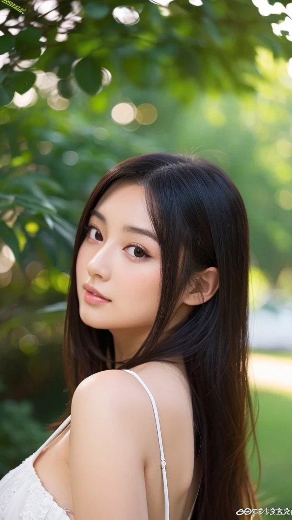 Woman Photo, face close up, Best Quality, Soft Light, Ultra High Definition, (Photorealistic: 1.4), Raw Photo, Ultra Textured Skin, Face Looking Directly at Camera, Full Face, Japanese Girl, Alone, Cute, (Shy Smile: 0.5) , (Brown) eyes, twinkle in the eyes), detailed beautiful face, (Large breasts), (Detailed skin texture of a highly developed person), (Long hair), cosplay, bokeh, sharp focus on the object