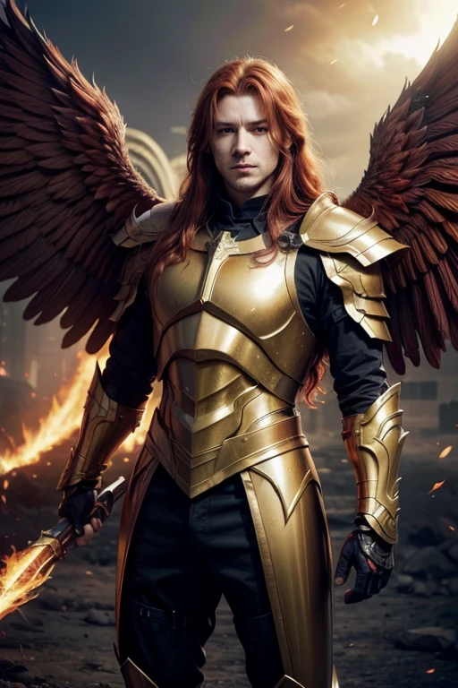 ((burning wings)) (archangel), man, strong, red-haired, long hair, wearing a golden armor and helmet with black details 8k, epic lighting, photorealistic, best quality