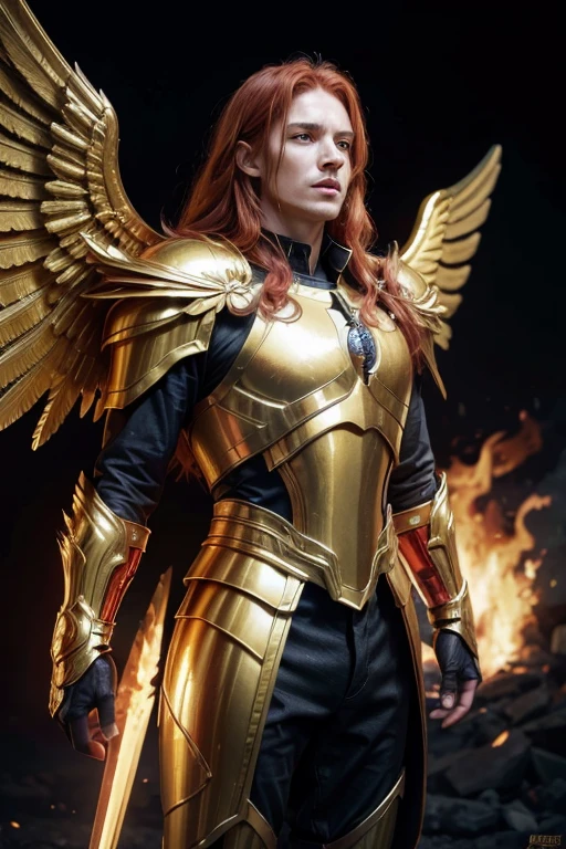 ((fire wings)) (archangel), man, strong, red-haired, long hair, wearing a golden armor with black details, 8k, epic lighting, photorealistic, best quality