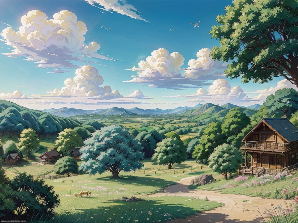 a painting of mountains with clouds and trees in the foreground and a brighest sun, made of trees and a fantasy valley, sky Gate, heaven, birds flying to the sky, brightest background, fresh green tree, anime nature, anime countryside landscape, anime landscape wallpaper, anime landscape, Studio Ghibli sunlight, beautiful puffy clouds. anime, beautiful anime scenery, anime beautiful peace scene, anime background art, anime clouds, Studio Ghibli sky, anime scenery, ross tran. scenic background Add the heavenly gate in the middle, yellow birds and animals flying to the sky, making the entire picture more anime, greener trees, and a heavenly landscape.