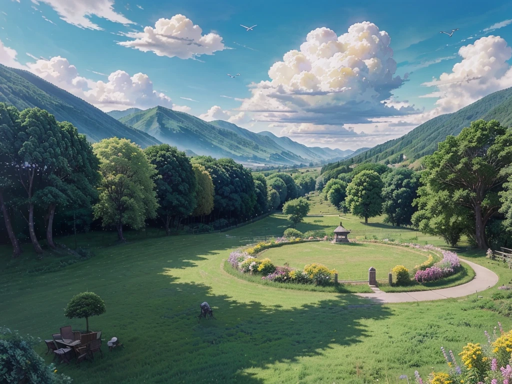 a painting of mountains with clouds and trees in the foreground and a brighest sun, made of trees and a fantasy valley, sky Gate, heaven, birds flying to the sky, brightest background, fresh green tree, anime nature, anime countryside landscape, anime landscape wallpaper, anime landscape, Studio Ghibli sunlight, beautiful puffy clouds. anime, beautiful anime scenery, anime beautiful peace scene, anime background art, anime clouds, Studio Ghibli sky, anime scenery, ross tran. scenic background Add the heavenly gate in the middle, yellow birds and animals flying to the sky, making the entire picture more anime, greener trees, and a heavenly landscape.