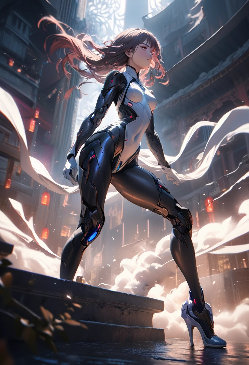 1 beautiful young woman, white long gloves, high heels, cyborg body, skintight bodysuit, traditional chinese dress, intricate details, cinematic lighting, volumetric fog, dramatic pose, moody atmosphere, vibrant colors, digital art, photorealistic, extremely detailed, 8k uhd, masterpiece