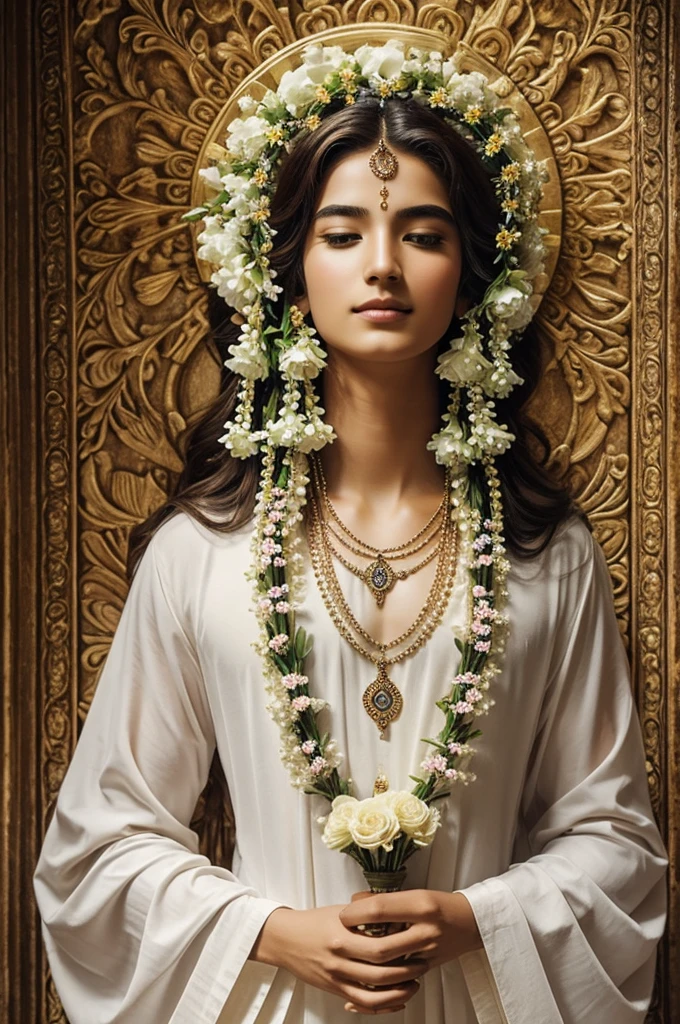 The beautiful way to divine world, a beautiful handsome god who wears flower necklace and waiting for us, steps to divine world with natural flowers.
