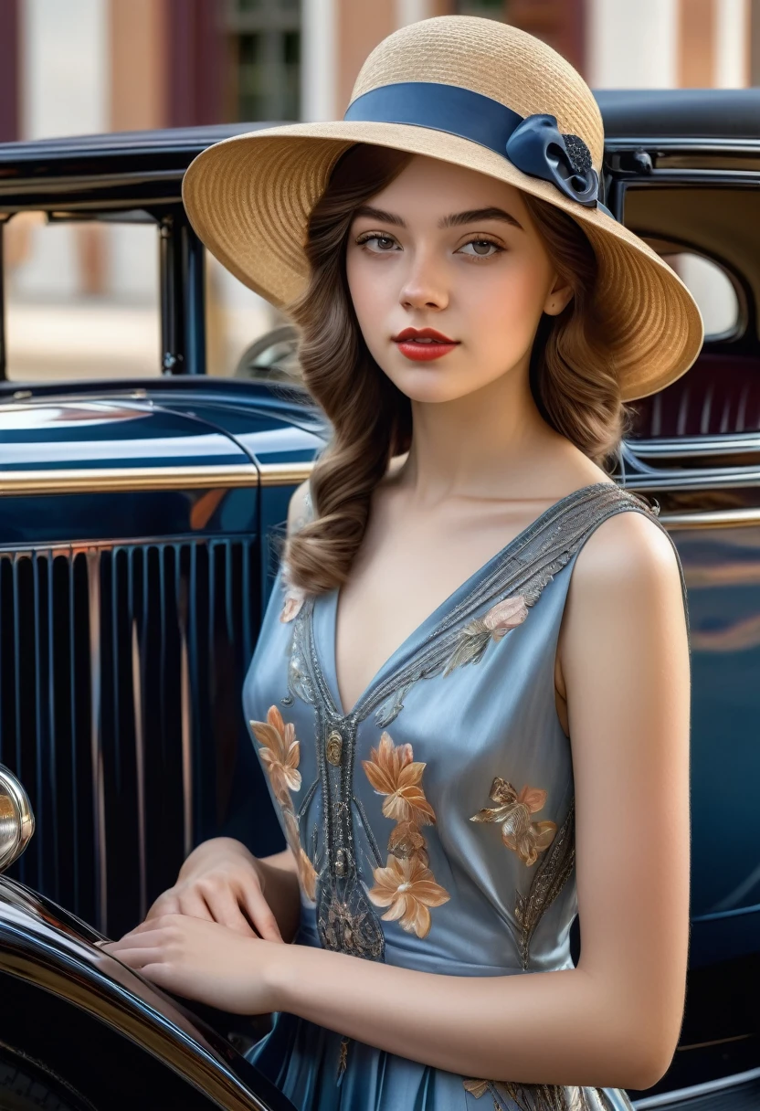 gorgeous, beautiful 19 year old girl in a beautiful dress and hat, near a shiny car from the 1920s, oil painting art, 4K, 3D rendering, evolution, intricate details, masterpiece, hyperrealism