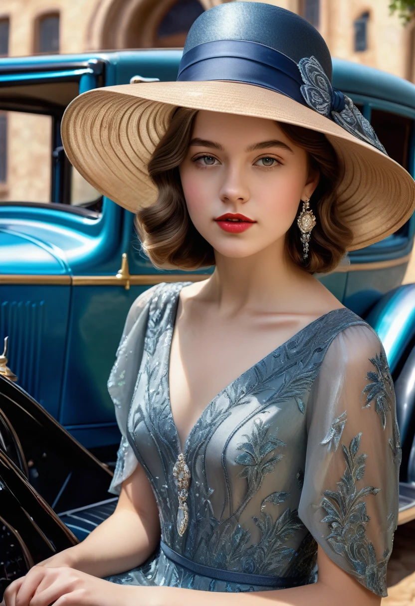 gorgeous, beautiful 19 year old girl in a beautiful dress and hat, near a shiny car from the 1920s, oil painting art, 4K, 3D rendering, evolution, intricate details, masterpiece, hyperrealism