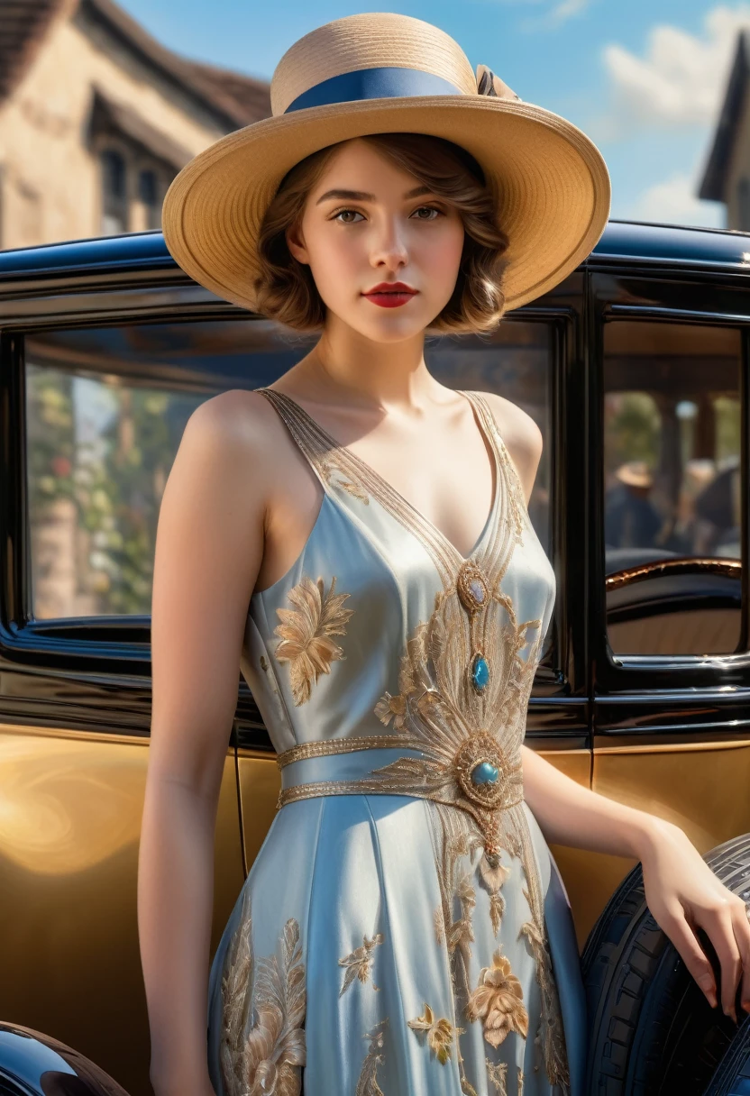 gorgeous, beautiful 19 year old girl in a beautiful dress and hat, near a shiny car from the 1920s, oil painting art, 4K, 3D rendering, evolution, intricate details, masterpiece, hyperrealism