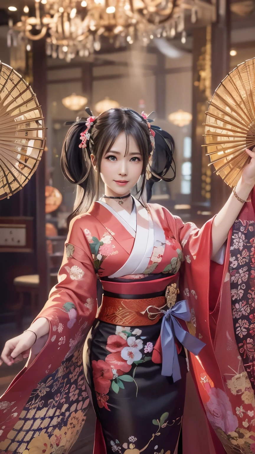 (sexy Japanese traditional dress), (banquet hall,, traditional Japanese party room:1.5), The background is a gold folding screen, doaxvv_Marie Rose, One girl, Maiko, slim body, huge bouncing busts, Black choker, Japanese traditional fan in hand, Dance with your arms wide open, 超High resolution, retina, masterpiece, Accurate, Anatomically correct, Textured skin, Super Detail, Attention to detail, high quality, 最high quality, High resolution, 4K