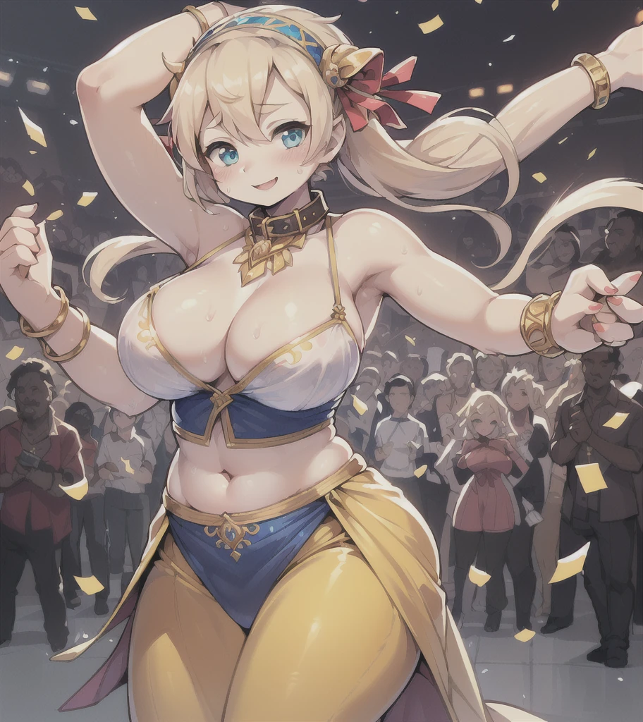 Highest quality, 8k, (One Girl:1.3, Full body portrait),(((Big Breasts:1.1))), (Colorful illustration:1.4), (masterpiece, Highest quality, Official Art), ((Very delicate and beautiful)), ((Gorgeous dancing girl costume、Gold embroidery, Face Veil, See-through harem pants)), ((Smiling dancing girl)), ((Spotlight, Confetti)), (((Fantasy World, Male crowd in the background:1.3, Watching the dancers))), (Sweat flying), (Sexy and dynamic dance), Tavern, (Shining jewels on the waist and chest, bracelet, Decorative collar), ((Twin tails))