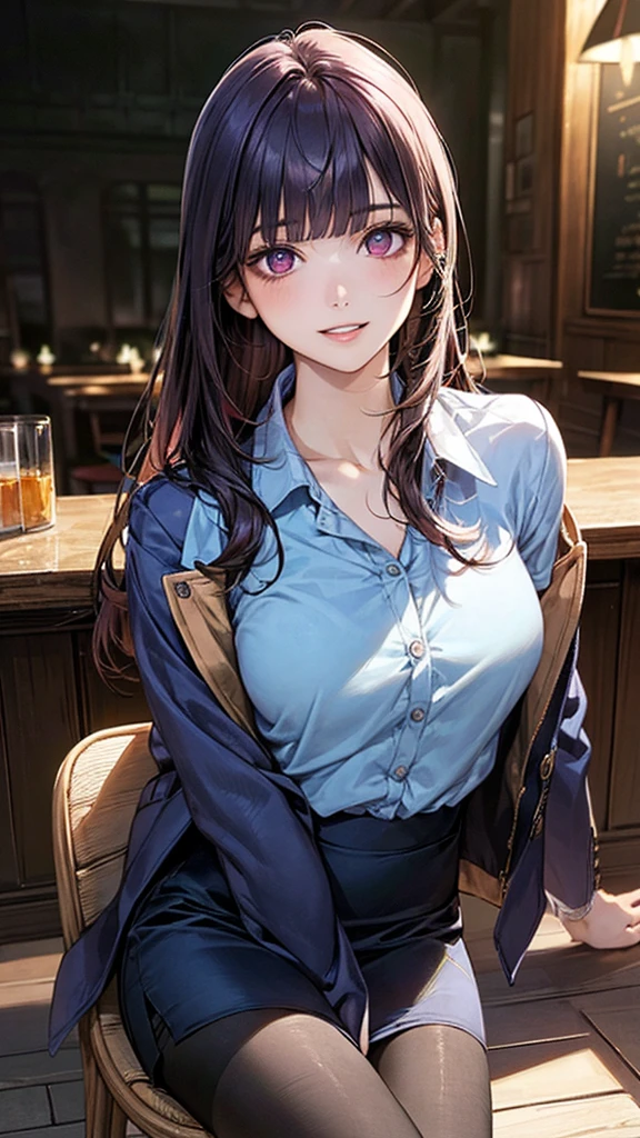 (masterpiece:1.2, top-quality), (realistic, photorealistic:1.4), beautiful illustration, (natural side lighting, movie lighting), surrealism, 
looking at viewer, 1 girl, japanese, 22 years old, , perfect face, cute and symmetrical face, babyface, shiny skin, 
(long hair:1.8, straight hair:1.7, hair intakes, purple hair), blunt bangs, maroon eyes, big eyes, slant eyes, long eye lasher, (medium breasts, thick thighs), 
beautiful hair, beautiful face, beautiful detailed eyes, beautiful clavicle, beautiful body, beautiful chest, beautiful thigh, beautiful legs, beautiful fingers, 
((navy jacket, close jacket, navy tight skirt, light blue collared shirt), black pantyhose), clavicle, 
(beautiful scenery), evening, (bar:1.2, sitting chair), , (lovely smile, parted lips), 