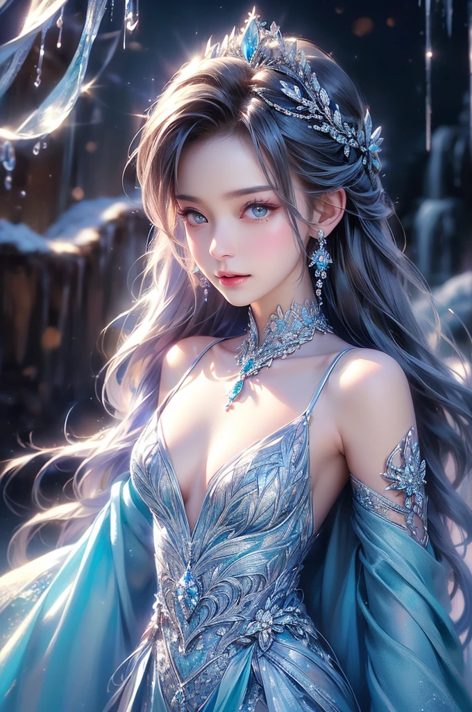 (Upper body photo:1.5)、dutch angle. wood, Exquisite mini ice spikes and crystals, A frozen waterfall in the background, Light reflected by ice crystals, Flowing snowflakes.1 girl、pretty girl,A realistic person,Beautiful cleavage,((small breasts)),Thin legs、Tight waist、standing, Long dress
