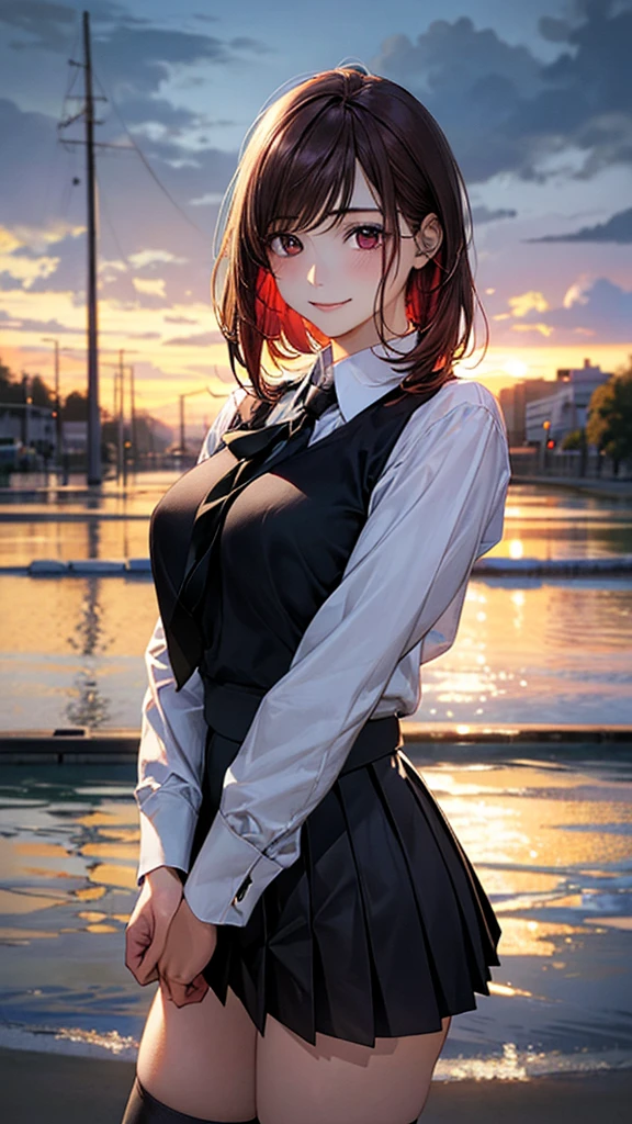 (masterpiece:1.2, top-quality), (realistic, photorealistic:1.4), beautiful illustration, (natural side lighting, movie lighting), 
looking at viewer, cowboy shot, front view:1.0, 1 girl, japanese, high school girl, perfect face, cute and symmetrical face, shiny skin, 
(short hair:1.5, straight hair:1.2, maroon hair), swept bangs, dark brown eyes, long eye lasher, (large breasts:0.6, seductive thighs), 
beautiful hair, beautiful face, beautiful detailed eyes, beautiful clavicle, beautiful body, beautiful chest, beautiful thigh, beautiful legs, beautiful fingers, 
((long sleeve white collared shirts, black pleated skirt, black tie, black socks)), 
(beautiful scenery), evening, riverside, standing, (lovely smile, upper eyes), 