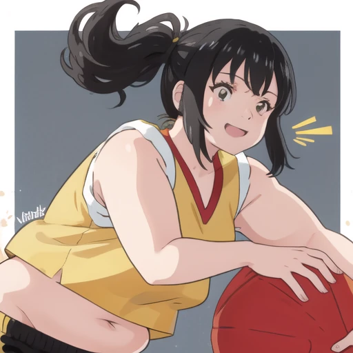 b4sk3t, 1 fat girl," black hair", "yellow shirt", sleeveless, red short shorts, smiling, ball