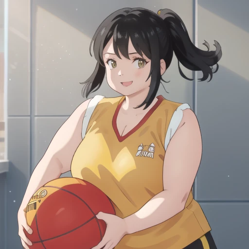 b4sk3t, 1 fat girl," black hair", "yellow shirt", sleeveless, red short shorts, smiling, ball