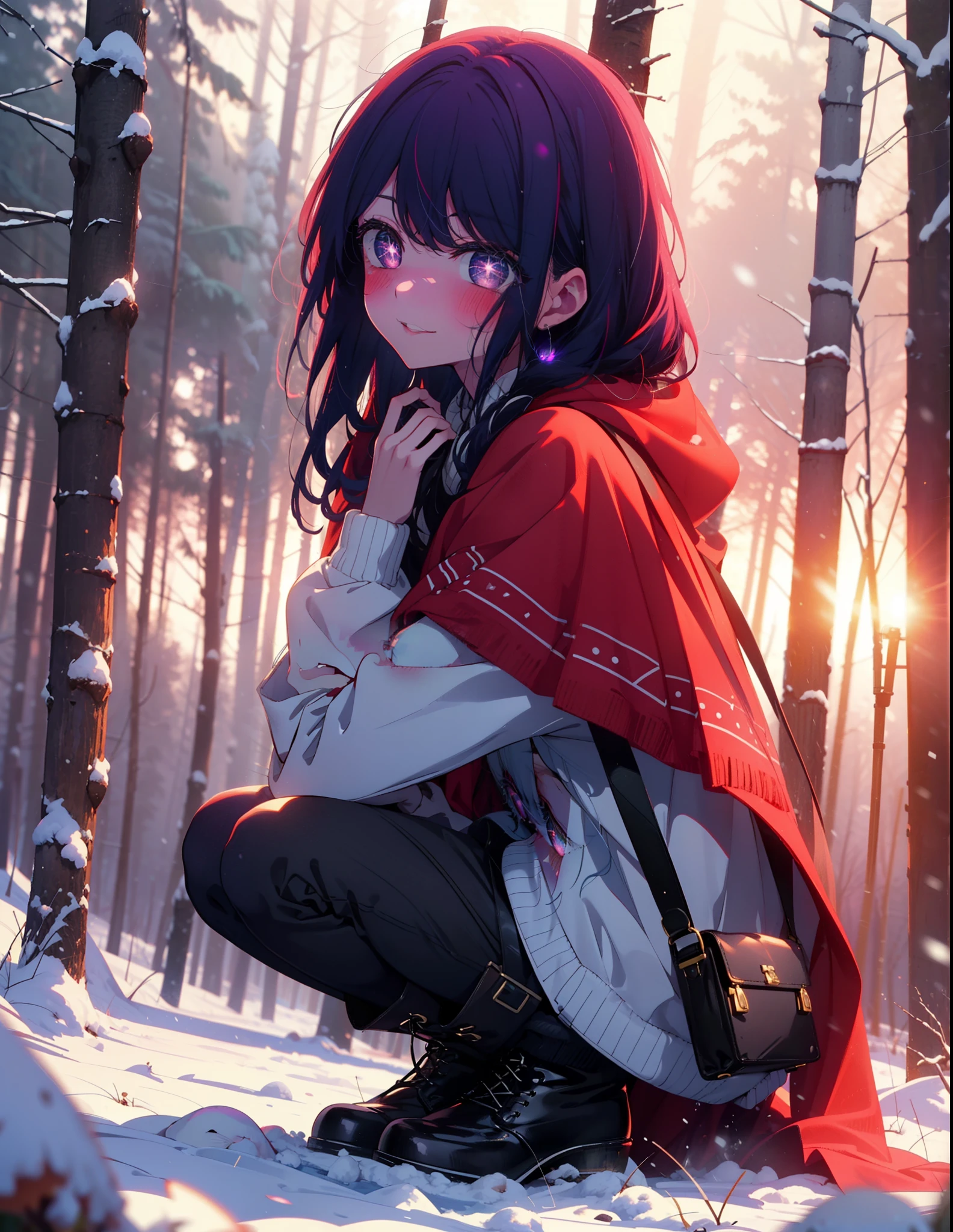 aihoshino, Ai Hoshino, Long Hair, bangs, (Purple eyes:1.1), Purple Hair, (Symbol-shaped pupil:1.5), smile,,smile,blush,white breath,
Open your mouth,snow,Ground bonfire, Outdoor, boots, snowing, From the side, wood, suitcase, Cape, Blurred, , forest, White handbag, nature,  Squat, Mouth closed, Cape, winter, Written boundary depth, Black shoes, red Cape break looking at viewer, Upper Body, whole body, break Outdoor, forest, nature, break (masterpiece:1.2), Highest quality, High resolution, unity 8k wallpaper, (shape:0.8), (Beautiful and beautiful eyes:1.6), Highly detailed face, Perfect lighting, Extremely detailed CG, (Perfect hands, Perfect Anatomy),