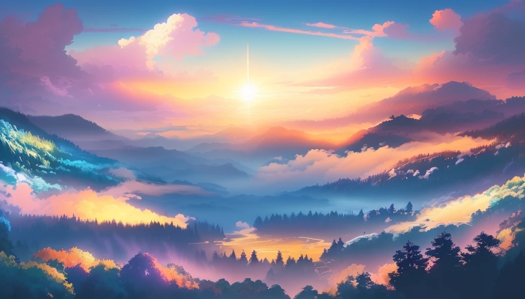 mountains with clouds and trees in the foreground and a sun setting, made of tree and fantasy valley, heaven gate in the middle, bird flying to the sky, anime nature, anime countryside landscape, anime landscape wallpaper, anime landscape, studio ghibli sunlight, beautifull puffy clouds. anime, beautiful anime scenery, anime beautiful peace scene, anime background art, anime clouds, studio ghibli sky, anime scenery, ross tran. scenic background