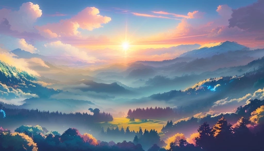 mountains with clouds and trees in the foreground and a sun setting, made of tree and fantasy valley, heaven gate in the middle, bird flying to the sky, anime nature, anime countryside landscape, anime landscape wallpaper, anime landscape, studio ghibli sunlight, beautifull puffy clouds. anime, beautiful anime scenery, anime beautiful peace scene, anime background art, anime clouds, studio ghibli sky, anime scenery, ross tran. scenic background