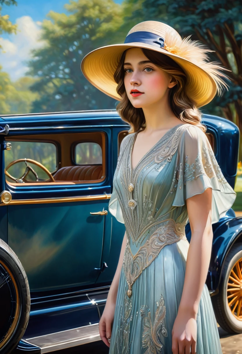 gorgeous, beautiful 19 year old girl in a beautiful dress and hat, near a shiny car from the 1920s, oil painting art, 4K, 3D rendering, evolution, intricate details, masterpiece, hyperrealism
