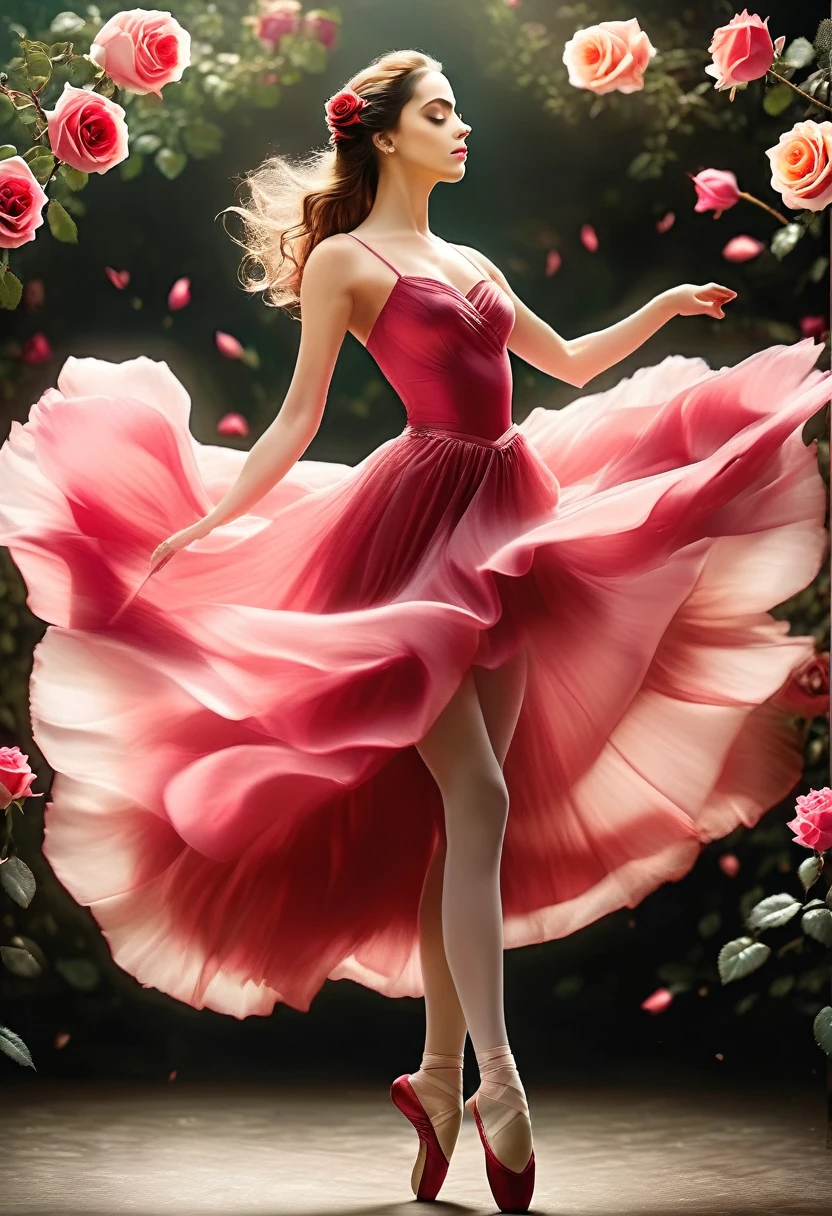 a portrait of female classical ballet prima ballerina dancer in the ((middle of a blossoming rose)), a full body picture ((anatomically correct: 1.5)) of a exquisite beautiful female dancer wearing silk evening dress, intricate dress dynamic hair color, dynamic hair style, dynamic skin complexion, wearing ballet shoes, wearing thigh highs, ((she is standing in the middle of the rose: 1.5)), magnificent rose, epic rose, she stands in the middle of the flower, dynamic background, vibrant, Ultra-high resolution, High Contrast, (masterpiece:1.5), highest quality, Best aesthetics), best details, best quality, highres, 16k, (ultra detailed: 1.5), masterpiece, best quality, (extremely detailed) RAW, (ultra details, Masterpiece, best quality), Cinematic Hollywood Film, artxldnc,