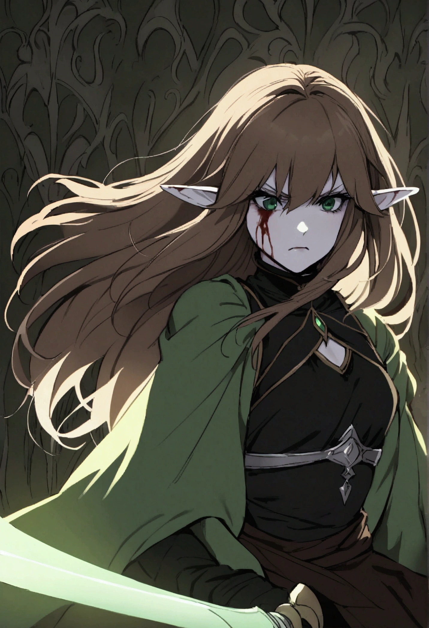 Young elven woman, pale skin, brown hair, green eyes, black clothes, small, dark fantasy, long ears, bladedancer, , holding a sword, fighting, blood staina
