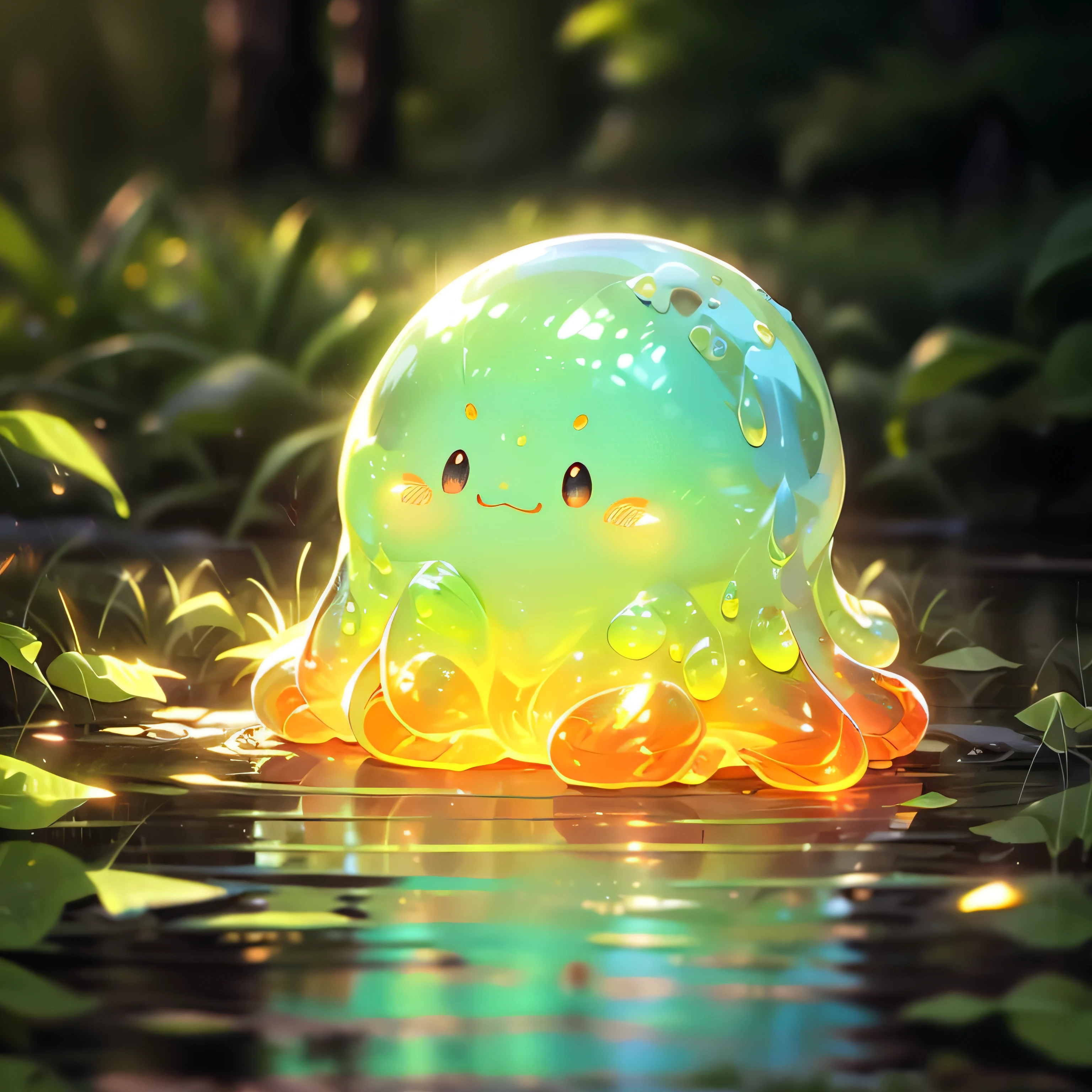 (Slime), lovely, Red, yellow, and green Slime, Big eyes, waterfall, glowing slime, in grass, afternoon, blue sky, sunlight, 12:29 PM
