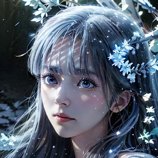 A photorealistic, ((full body)) picture of Miyuki Shiba in a fantastic snow and ice forest，Many scattered crystal trees、Accessories、Shine in the center，Beautiful transparent flowers, Transparent colorful wings, The wand flutters in the wind､The wand flashed with starlight，Golden wand，transparent feathers，fanciful、Starskrim、cleanness、glimmering、icy blue、Light、with light glowing，Magic pictures,Delicate leaves and branches are surrounded by motes of silvery light（nature elements），（Snow theme），（Frost covered foliage），（tree branch），（glowworm），（Particle effect），Masterpiece, Super detailed, Epic composition, Highest quality, 8K，Epic romantic fantasy digital art，Epic fairy tale fantasy digital art，Mythological fantasy，tmasterpiece，high qulity，8K，UHD resolution，Detailed detail drawing，realisticlying，Very realistic，cinmatic lighting,an award winning photograph,rich colours，hyper realistic lifelike texture，dramatic  lighting