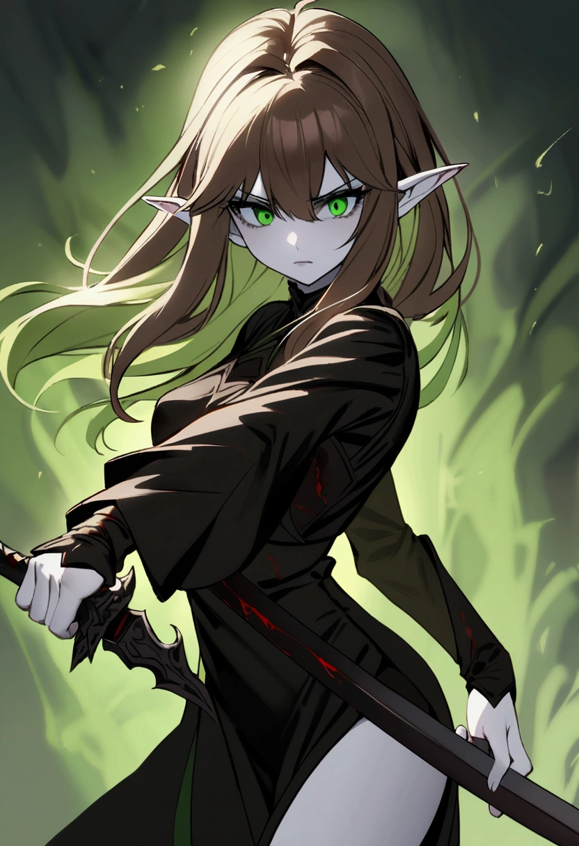 Young elven woman, pale skin, brown hair, green eyes, black clothes, small, dark fantasy, long ears, bladedancer, pissed, holding a sword, fighting, blood staina