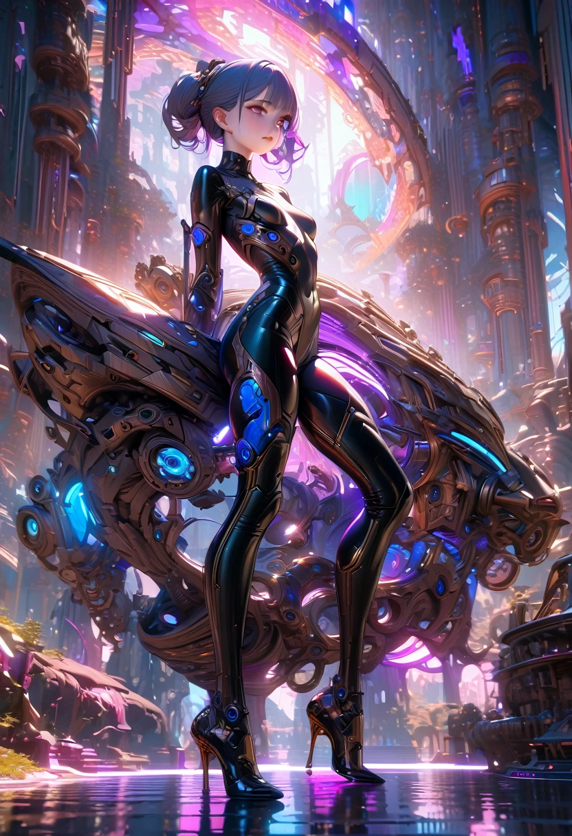 A detailed, futuristic steampunk-inspired portrait of a beautiful young woman with a mechanical body, wearing a skin-tight bodysuit, high heels, and gloves, set in a dreamlike, fantasy-esque environment, masterfully rendered with vivid colors, intricate details, and a sense of cinematic grandeur, (best quality,8k,highres,masterpiece:1.2),ultra-detailed,(realistic,photorealistic,photo-realistic:1.37),elegant futuristic cyborg girl, flawless porcelain skin, piercing eyes, sophisticated cybernetic limbs, intricate gears and machinery, complex futuristic attire, dramatic lighting, moody cinematic atmosphere, vibrant neon colors, glowing accents, advanced technology, steampunk aesthetic