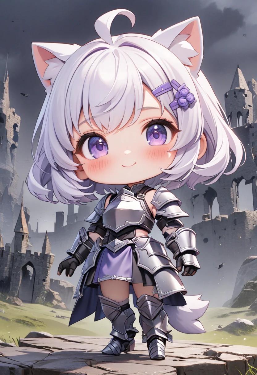 master piece, best quality, ultra-detailed, illustration, 1girl, solo, chibi, (big head), cute pose, front view, looking at viewer, ((full body Close up)), Filiansailor, (purple hairclip:1.5), hair bell, white hair, short hair, cat ears, ahoge, purple eyes, blush, smiling, fluffy tail, black knight armor, metal breastplate, black gauntlet, armored skirt, metal greaves, armored boots, battlefield background, gloomy atmosphere, broken castle, broken walls, broken windows