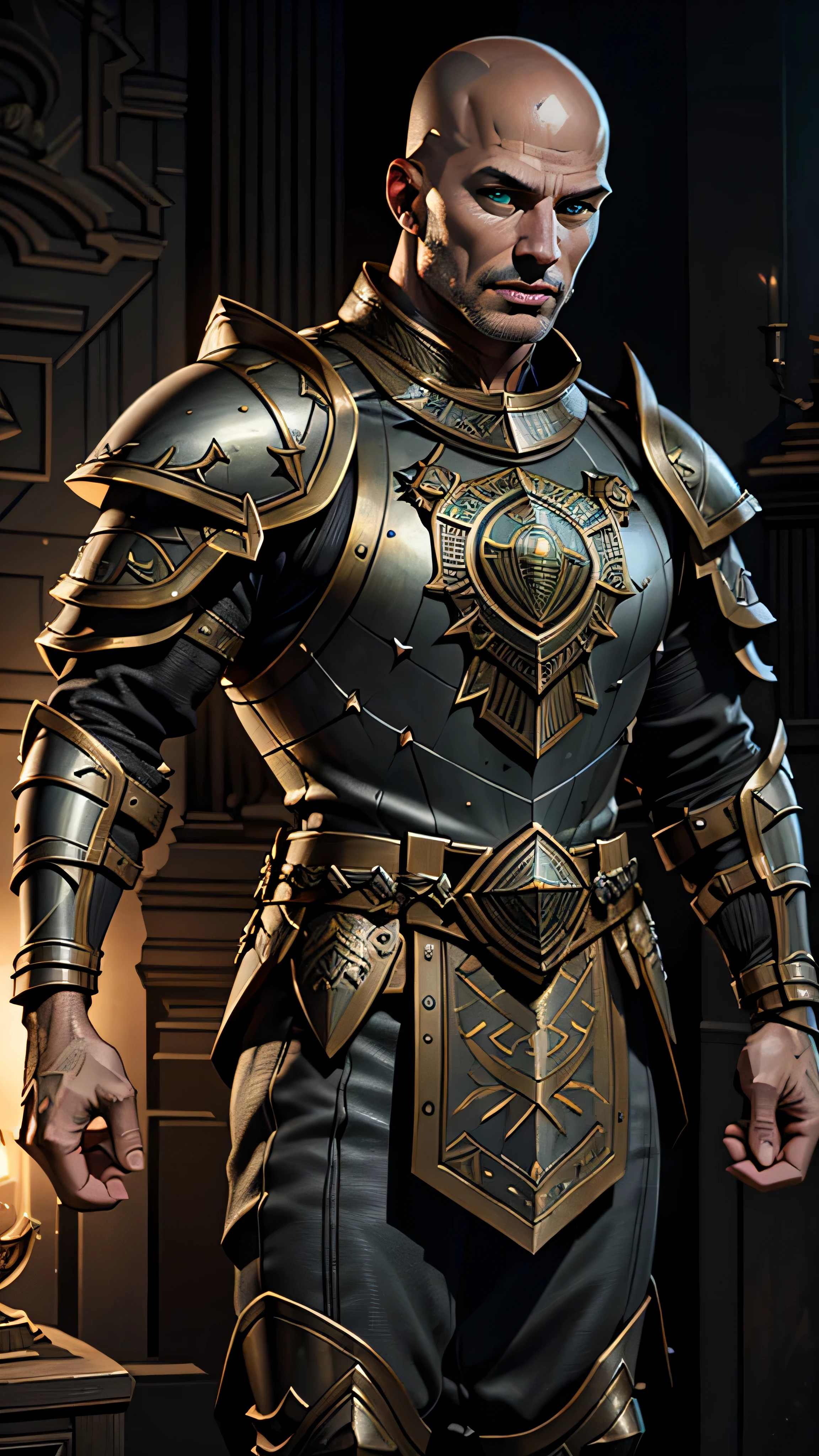 titanic warrior, male, bald, dark gray (intricate armor), plates, (big shield), (masterpiece, best quality), (green eyes), (hyper realistic:1.6), ((detailed face)), ((award-winning)), (sharp), (8k resolution), (cinematic lighting)